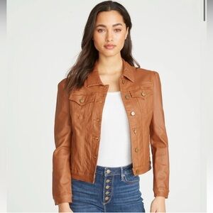 NWT Driftwood Gigi Puff Sleeve Faux Leather Jacket Small Cognac Brown Moto Chic